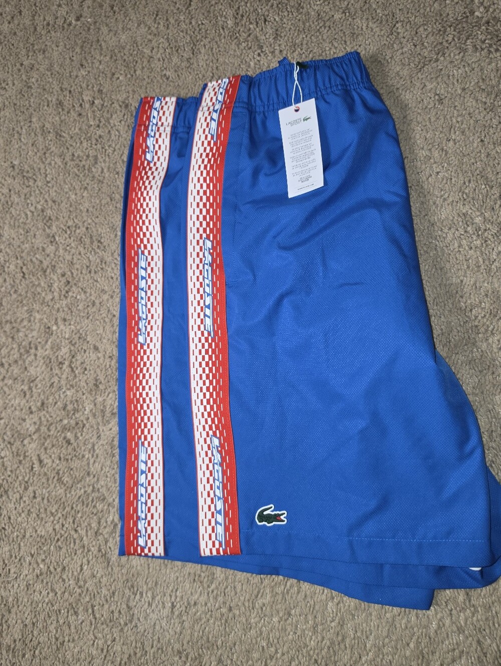 NWT Lacoste Sport Blue Logo Striped Diamante Shorts Size Large Inseam 9in